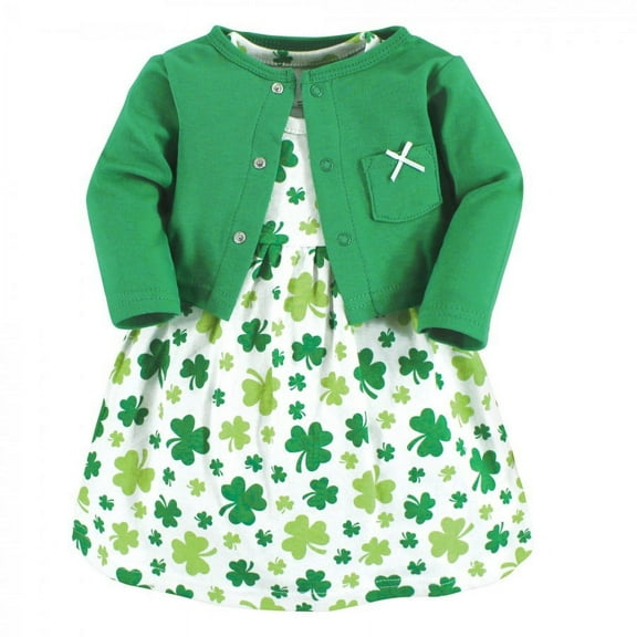 Hudson Baby Infant and Toddler Girl Cotton Dress and Cardigan Set, Shamrocks, 0-3 Months