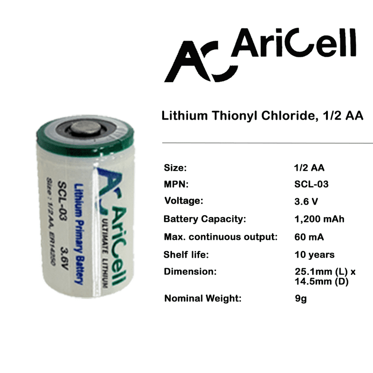 Tenergy 1/2 AA 3.6V 1200mAh Lithium thionyl chloride Battery