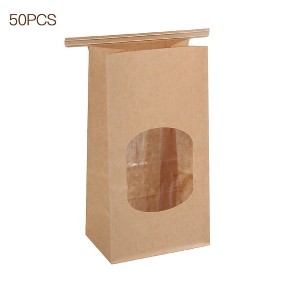 Xingzhi 50Pcs Bakery Bags with Clear Window Sealing Kraft Paper Bags Grease Proof Kraft Paper Bag for Food Snacks Cookie Coffee, S