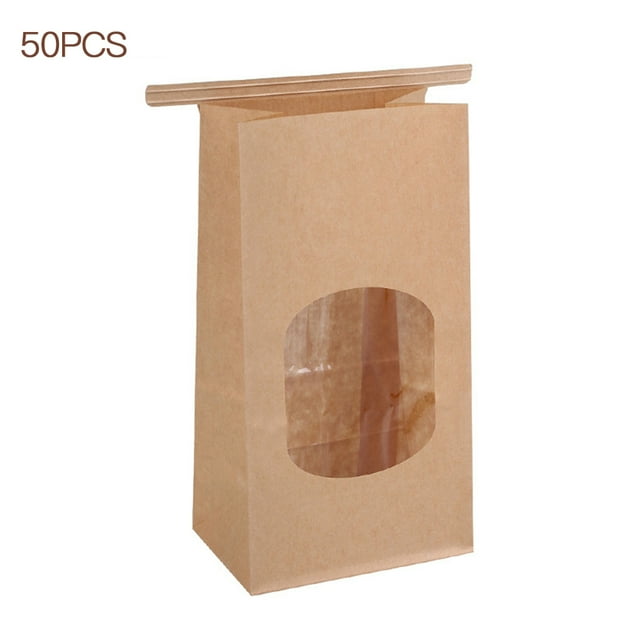 Xingzhi 50Pcs Bakery Bags with Clear Window Sealing Grease Proof Kraft Paper Bag for Food Snacks Cookie Coffee, L