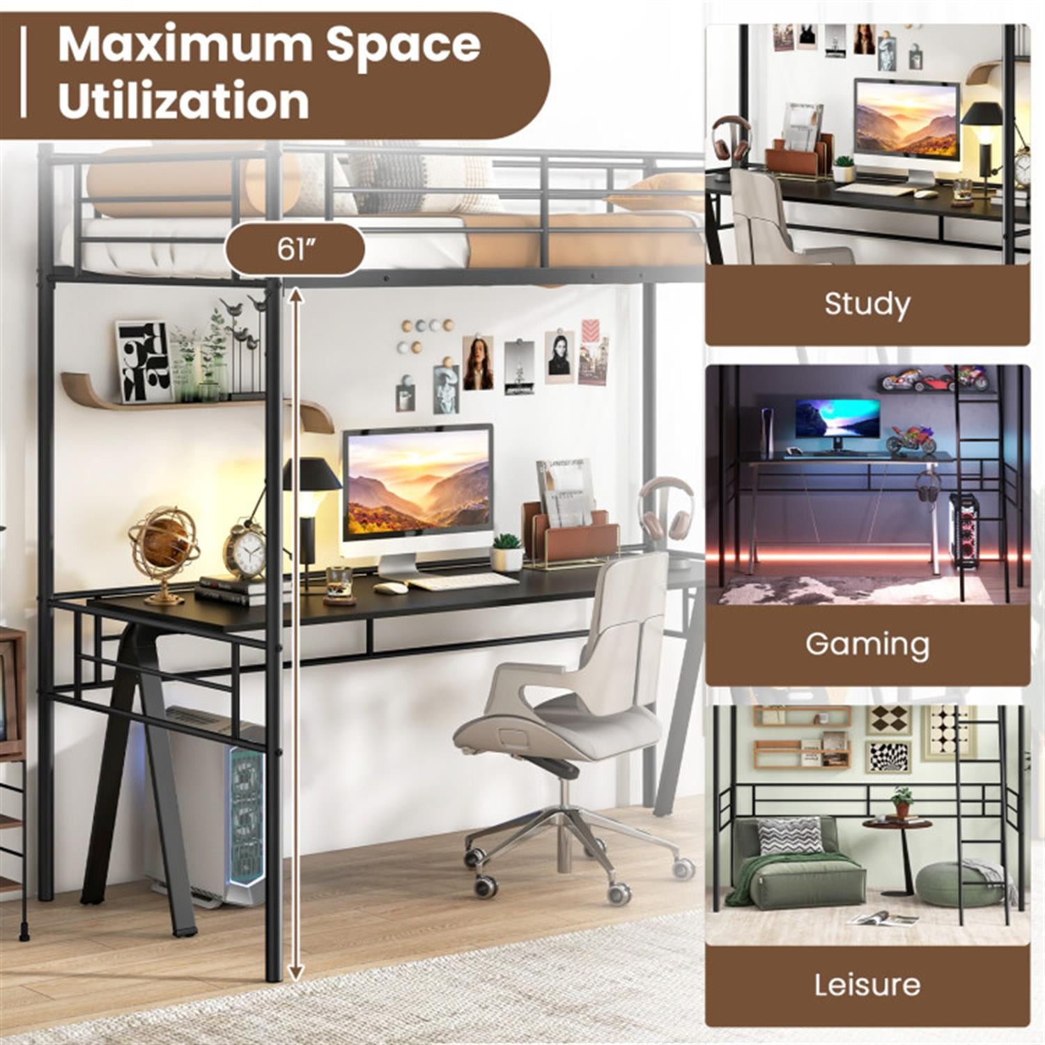 Demi Bonn Twin Size Loft Bed Metal Bed Frame with Ladder and Guardrails for Teens, Black