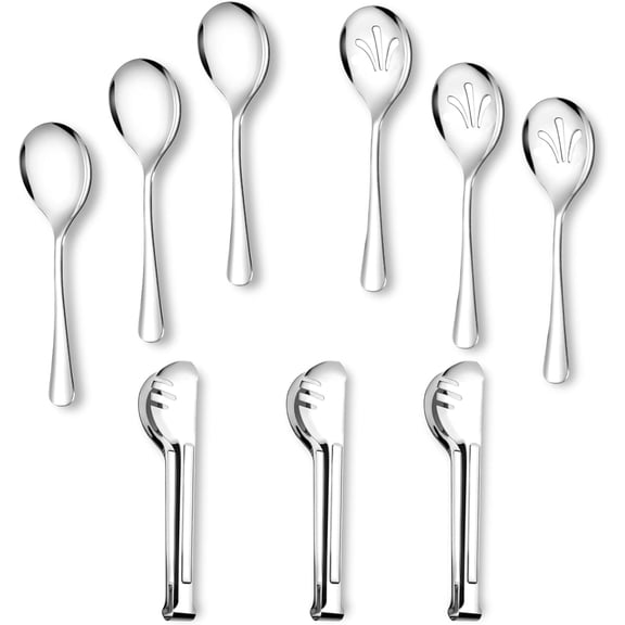 Stainless Steel Large Serving Utensils Set 9 Pcs - Lightweight Smooth Finish Slotted Spoons, Tongs & Serving Spoons for Buffet - Rust Resistant & Easy to Clean Silver