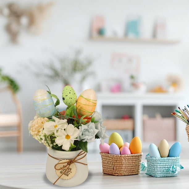 Arreglo floral artificial, flores decorativas falsas, detalles de huevos de Pascua, vegetación simulada con maceta de cerámica, 18 cm para el centro de mesa