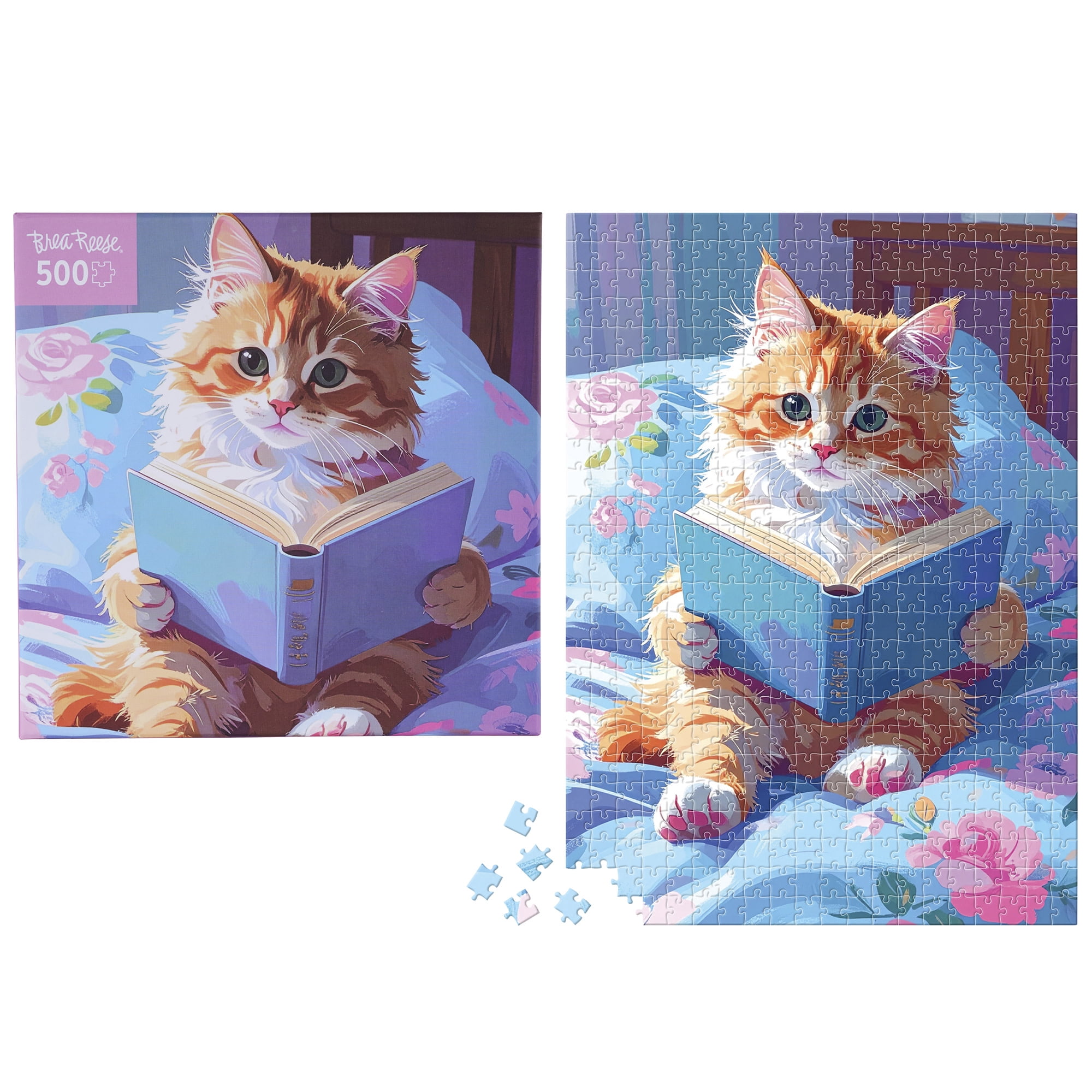 Brea Reese: 500 Piece Puzzle - Bookish Kitty - Cozy Floral Bedding & Animal Reading Scene, Adult Jigsaw, Snap-Fit, Soft-Touch, Image Reference Poster