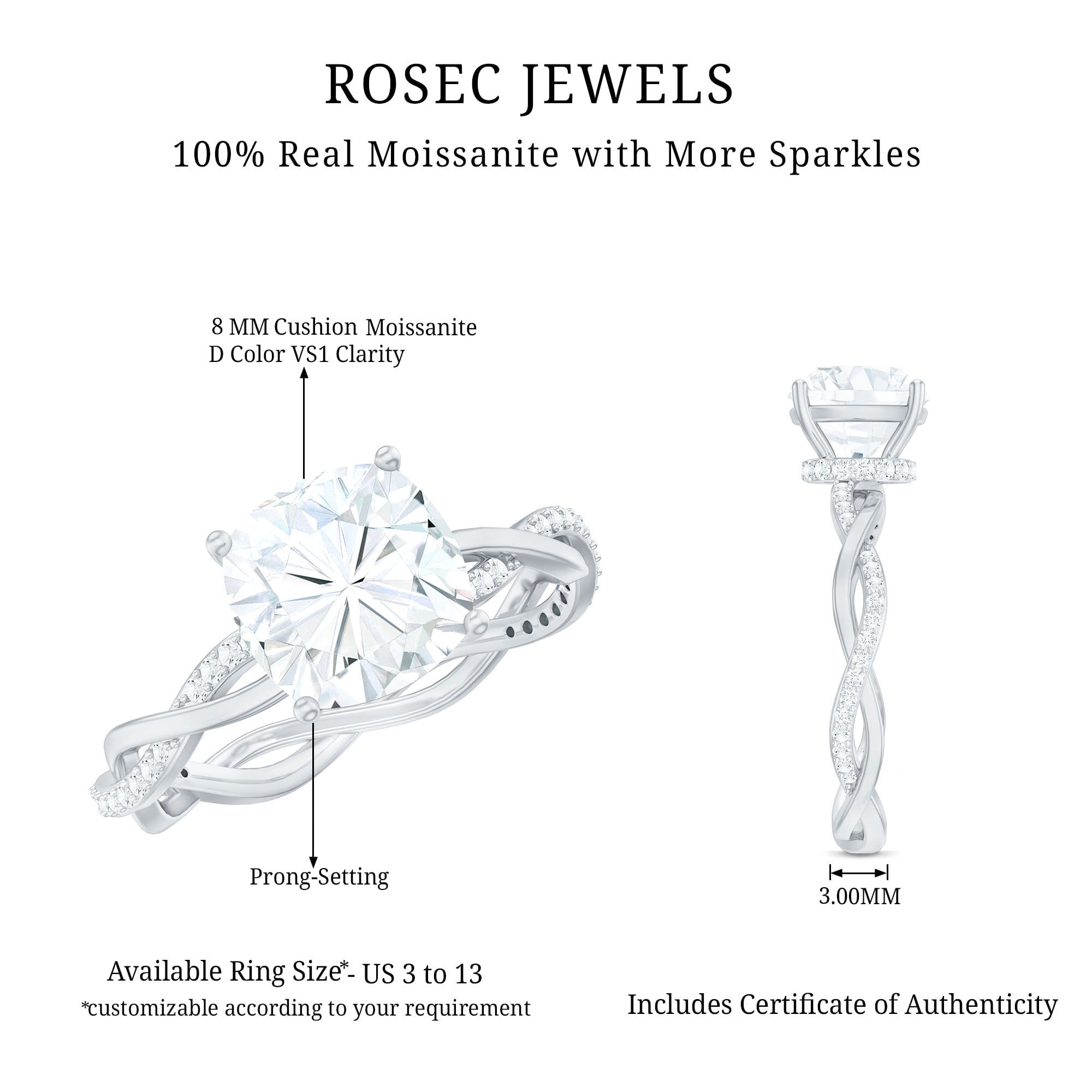 Rosec Jewels Moissanite Solitaire Engagement Ring Cushion Cut - Designer Ring for Women - 8 mm - 3 Carat - D-VS1 Quality, 14K White Gold, US 12.50