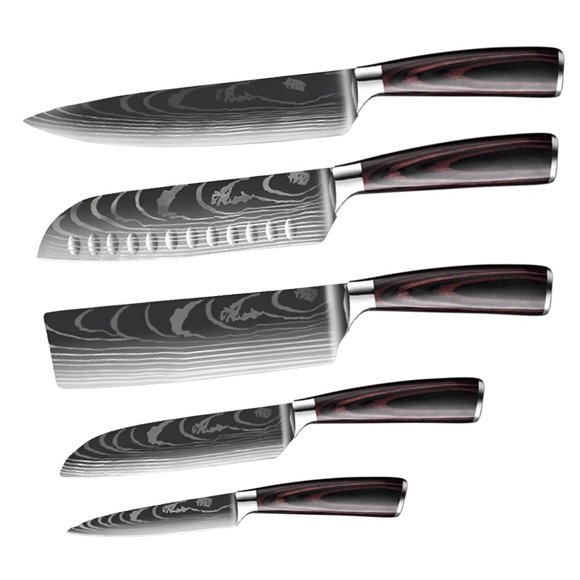 Japanese Chef Knife 5 Piece Kitchen Knives Set Damascus Laser Steel Slicing Chopping Cutter Cooking Tools