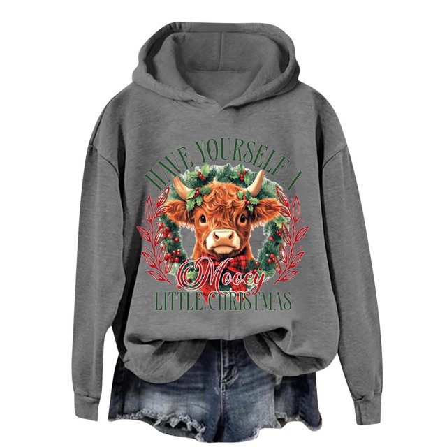 WILLBEST Sudadera Oversize para Mujer "Have Yourself A Mooey Little Christmas" con Capucha, de Terciopelo Grueso, Cálida y Holgada (Modelo 618) X-Grande