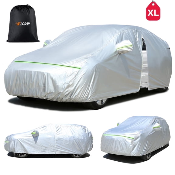 FLORAY Waterproof All-Weather Car Cover with Zipper Door, Windproof Protection for Sedans & Mid-Size SUVs, UV and Snow Guard, Silver (XL, 210" x 59" x 47")