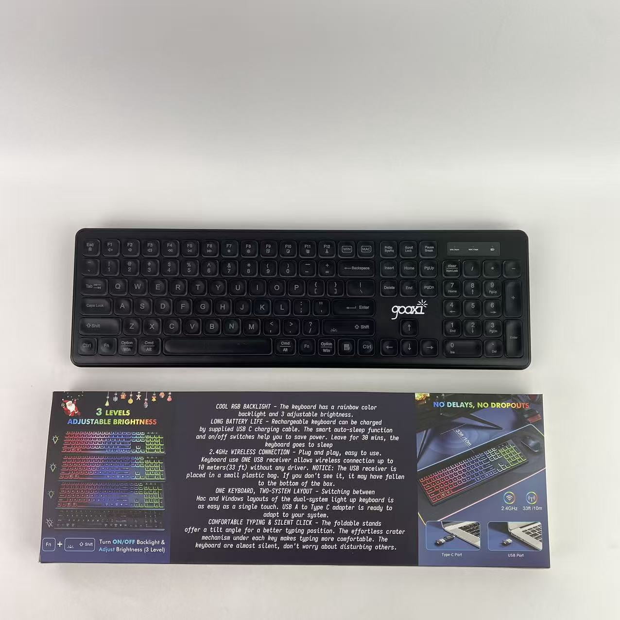 gooxi Computer peripheral devices, wireless keyboard, rechargeable and illuminated letters, full-size