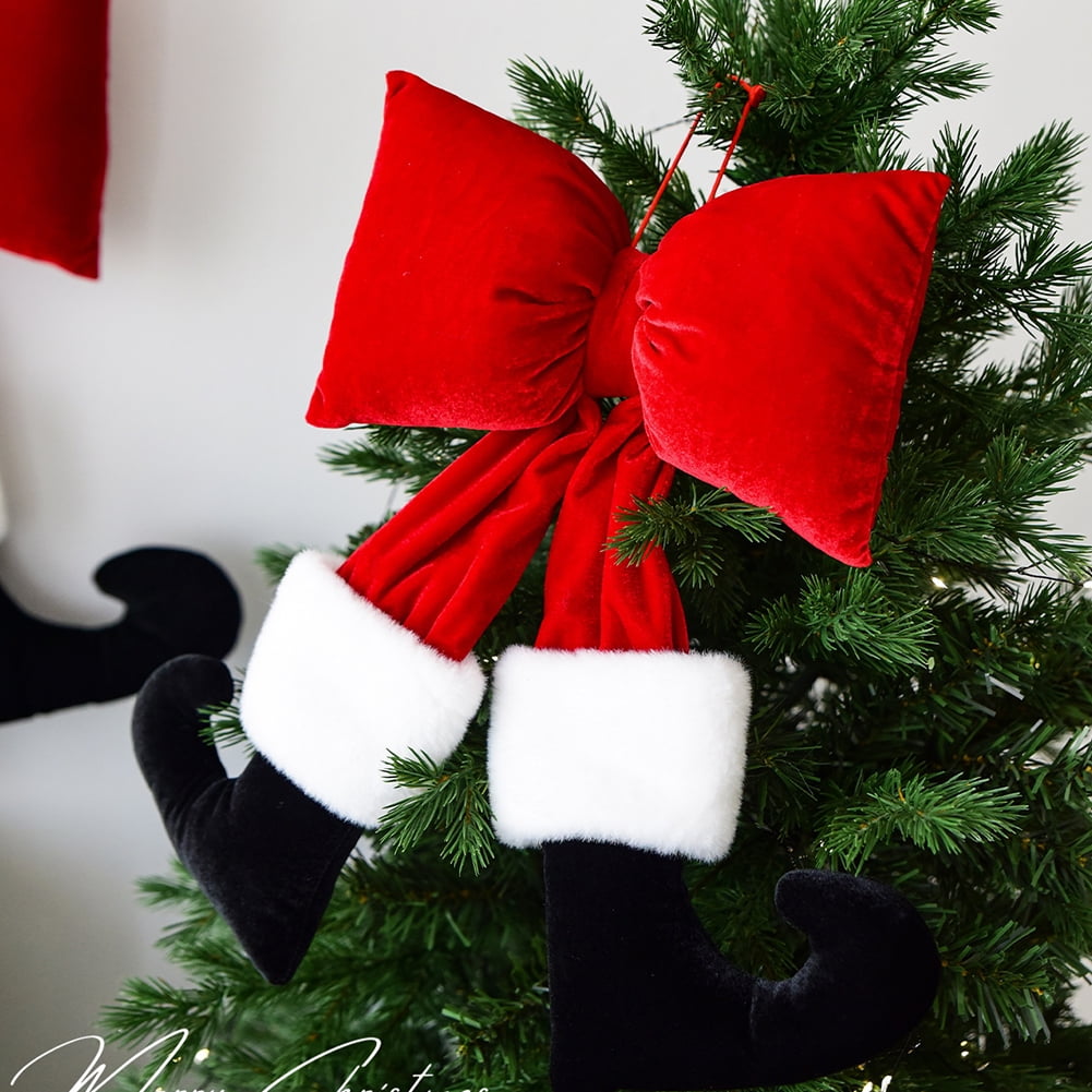 Yucurem Christmas Tree Red Velvet Bow with Santa Legs Hanging Ornaments, 3D Plush Stuffed Christmas Bowknot Pendant for Xmas Tree Garland DIY Craft Wrapping Wall Decor (8.66 in)