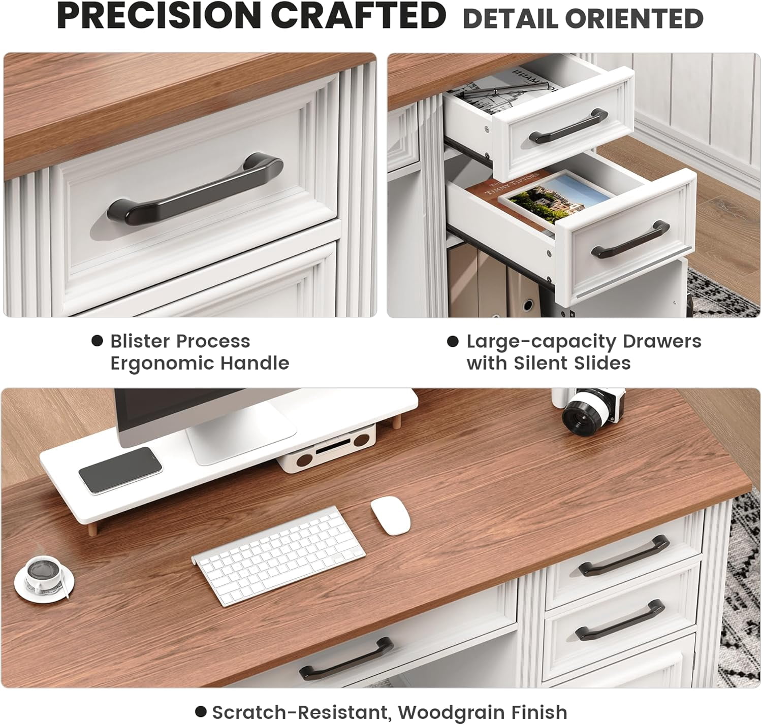 PatioPerk 58" Farmhouse Executive Desk, Wood Home Office Desk with Drawers, Computer Desk with Drawers and Storage Cabinet, Workstation for Office Home, Ivory White