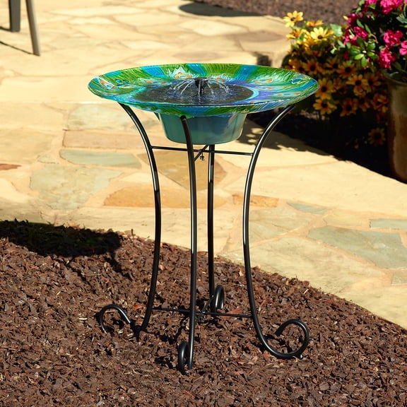 Argus Peacock Glass IntelliSolar Birdbath with Remote