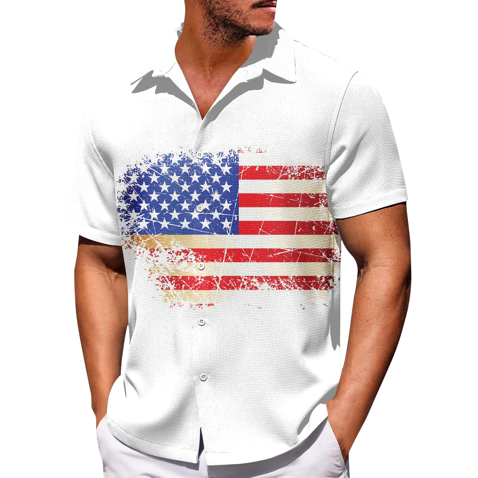 Difdany American Flag Shirts for Men Button Down Ribbed Collar Short ...