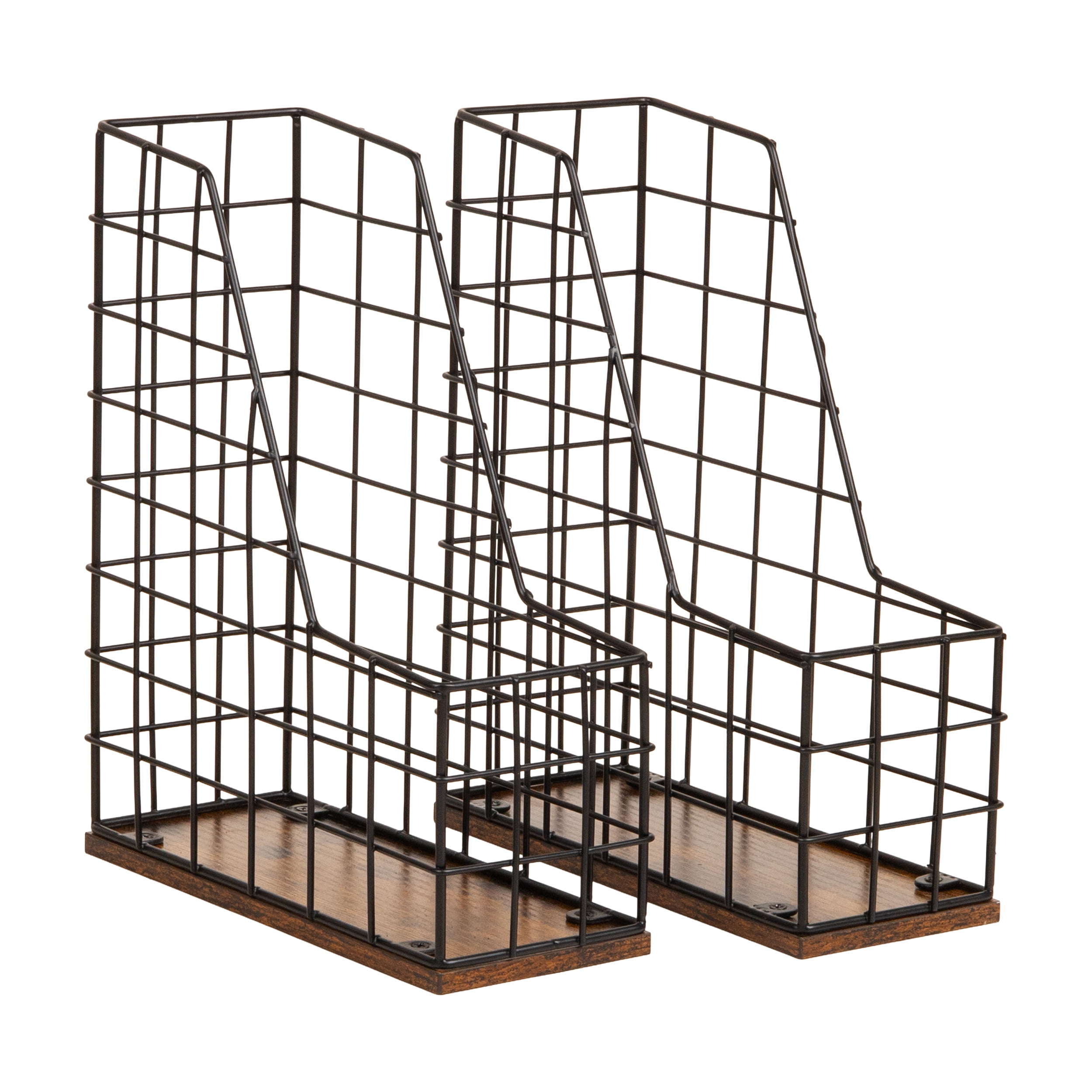 Mind Reader Vertical File Organizer with Wood Base and Black Metal Frame, Desktop Magazine Holder, Modern File Rack, Metal and Wood, Black