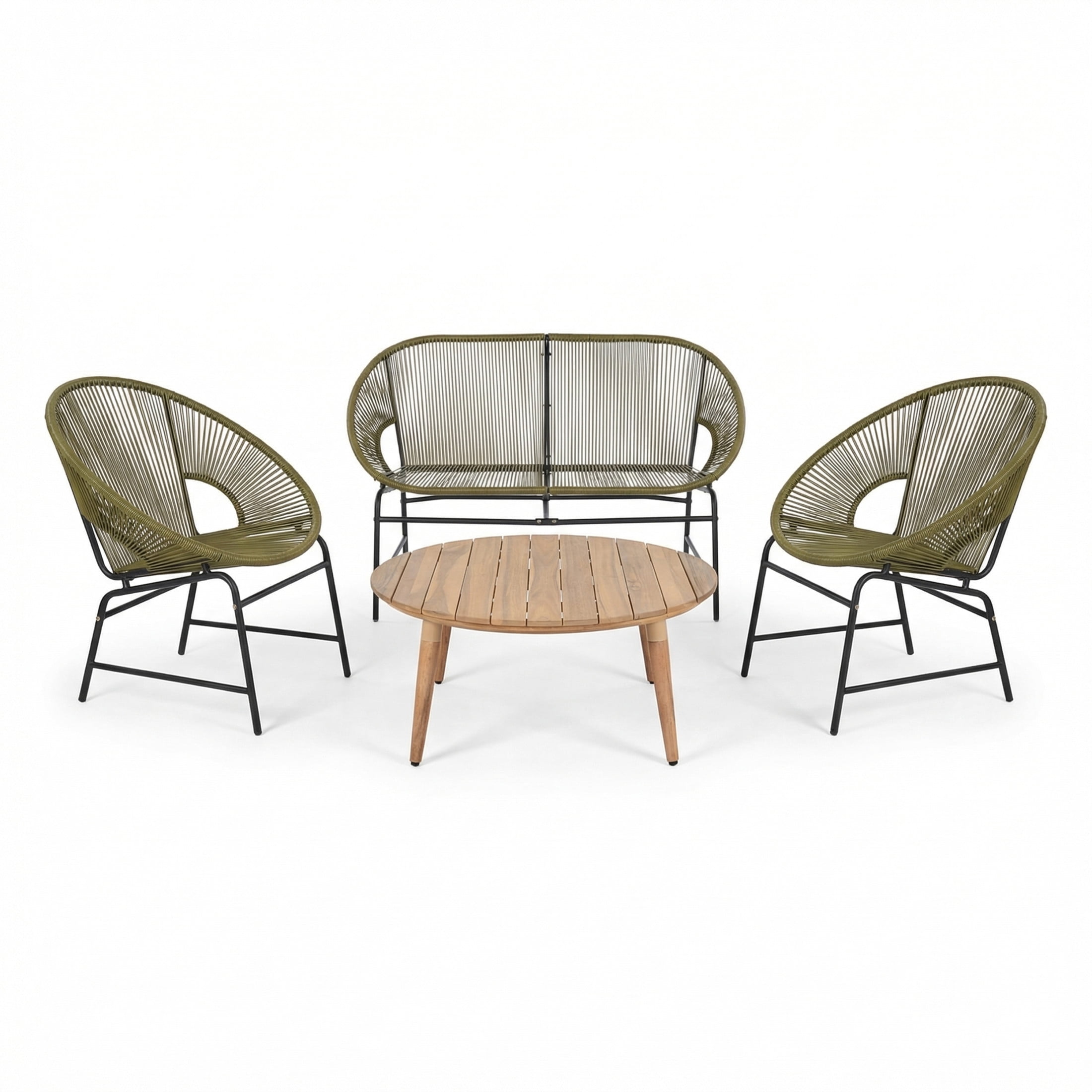 Christopher Knight Home 4-Piece Outdoor Chat Set, Rattan Loveseat, Chairs and Wood Coffee Table, Green