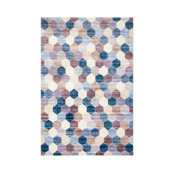 7' X 10' Ivory and Blue Geometric Distressed Area Rug