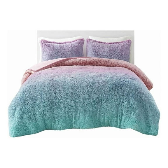 Pemberly Row Contemporary Shaggy Faux Fur Comforter Set in Purple Multi