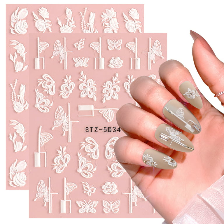 3D Nail Sticker White Flowers Nail Decals Summer DIY Nail Art Decoration