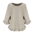 thumbnail image 4 of snilers 3/4 Length Sleeve Womens Tops Cotton Linen Summer Ruffle Pleated Hem Blouse Loose Casual Crewneck Basic Tee Shirts S-2XL, 4 of 5