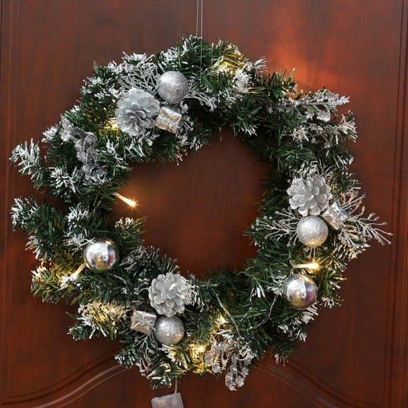 HLONK Plastic Decorated Clear Prelit LED String Lights Decors Battery Operated Christmas Wreath 15.7” (Green)