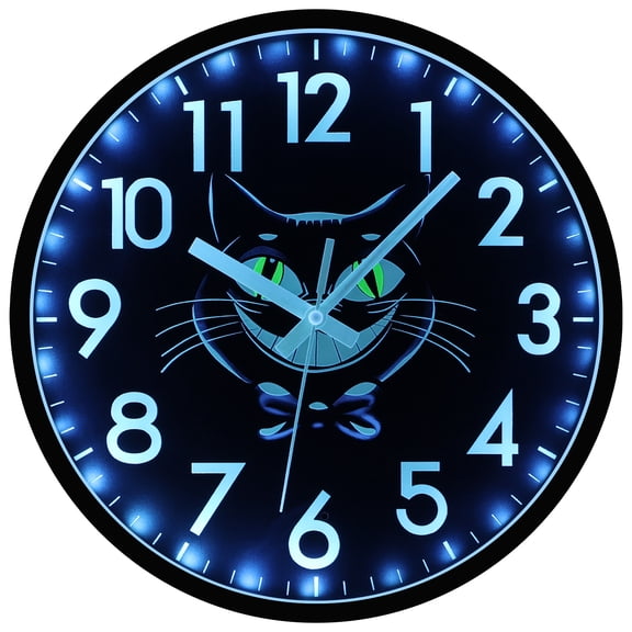 JoFomp 12 Inch Silent Illuminated Wall Clocks Battery Operated, Cat Wall Clock for Bedroom Night Glow, Glow in The Dark Wall Clocks for Living Room Decor, Sound Control Light Up Wall Clock for Kitche