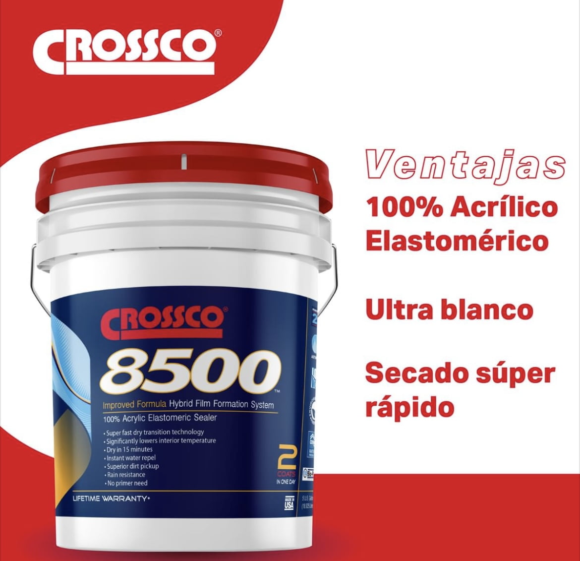 Crossco 8500, 2 in 1 Roof Sealer 100% Acrylic Elastomeric Adhesive, 5 Galllon