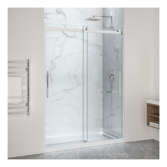 Stellar Series 76 in. x  57-60 in. Sliding Frameless Shower Door in Polished Chrome with Alcove Right Drain Shower Base