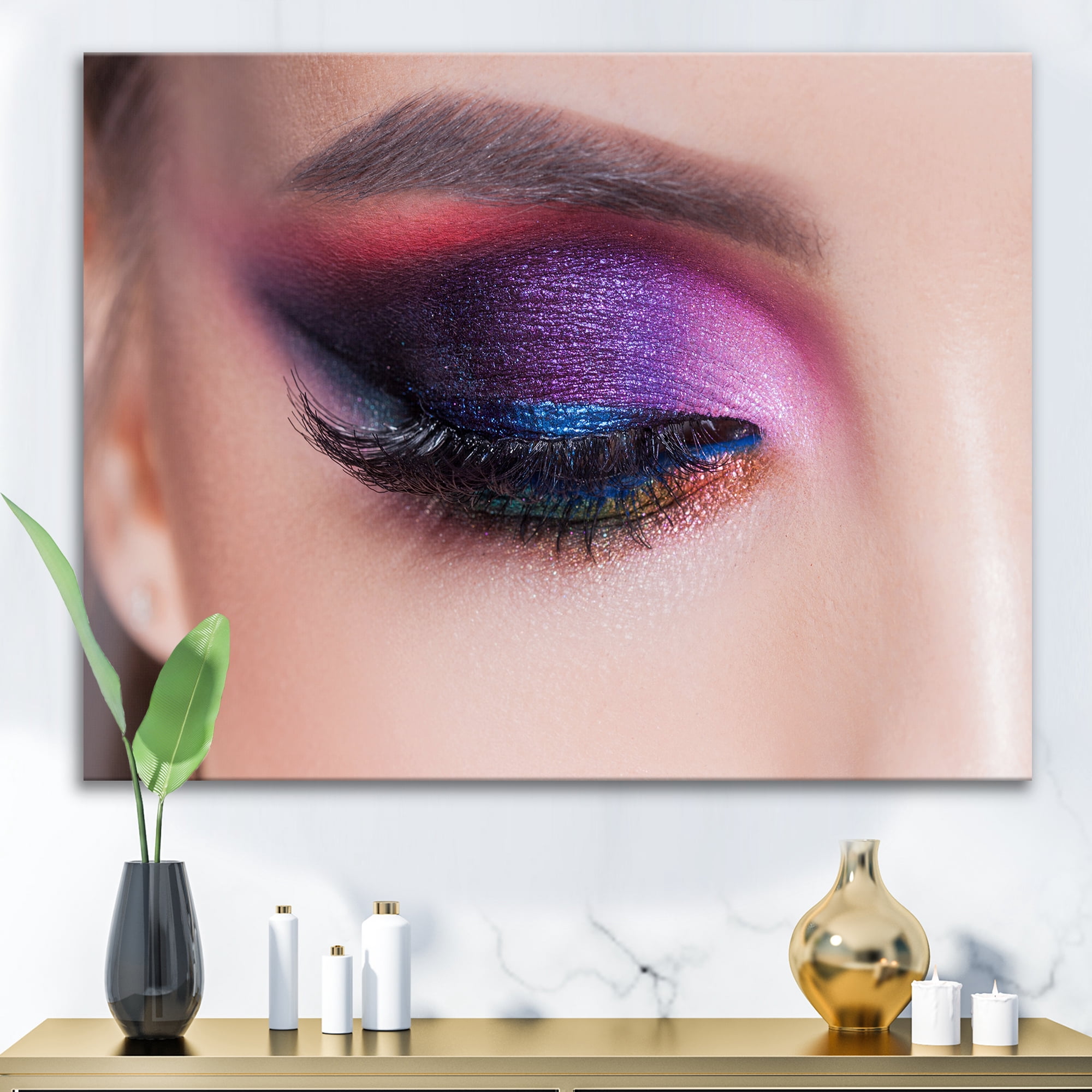 Designart ' Bright Eye Makeup In Luxurious Blue And Pink Shades ' Modern Canvas Wall Art Print