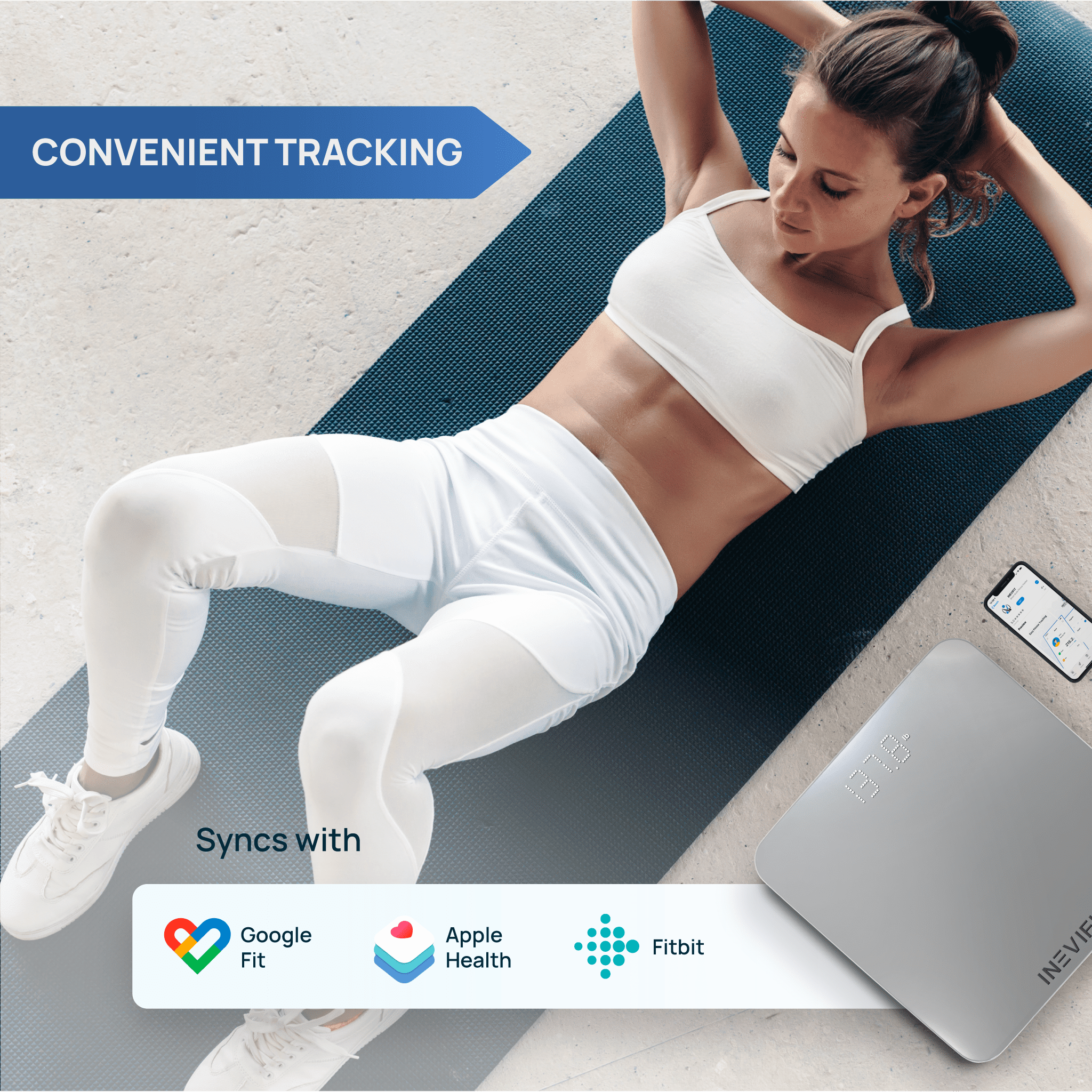 INEVIFIT Smart Premium Bathroom Scale with Bluetooth and Free Tracking INEVIFIT APP 11.8 x 11.8 inch - Silver