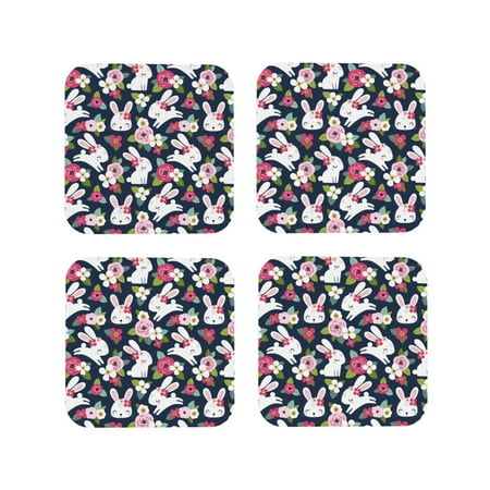 

Rateoe Rabbit And Rose Drawing Drink Coasters Set of 4 Leather Coasters Spill Protection for Table Desk Durable and Non Slip Leather Coaster 4 Inches Drink Mats-Square
