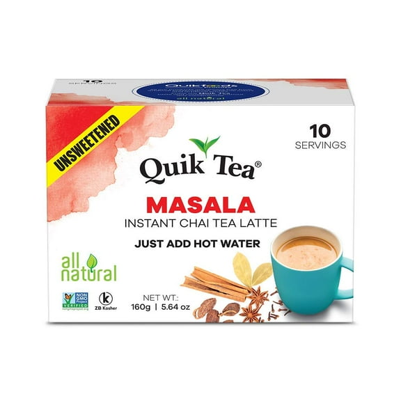 QuikTea Unsweetened Masala Chai VTF5 Tea Latte - 10 Count Single Box - All Natural Preservative Free Authentic Chai