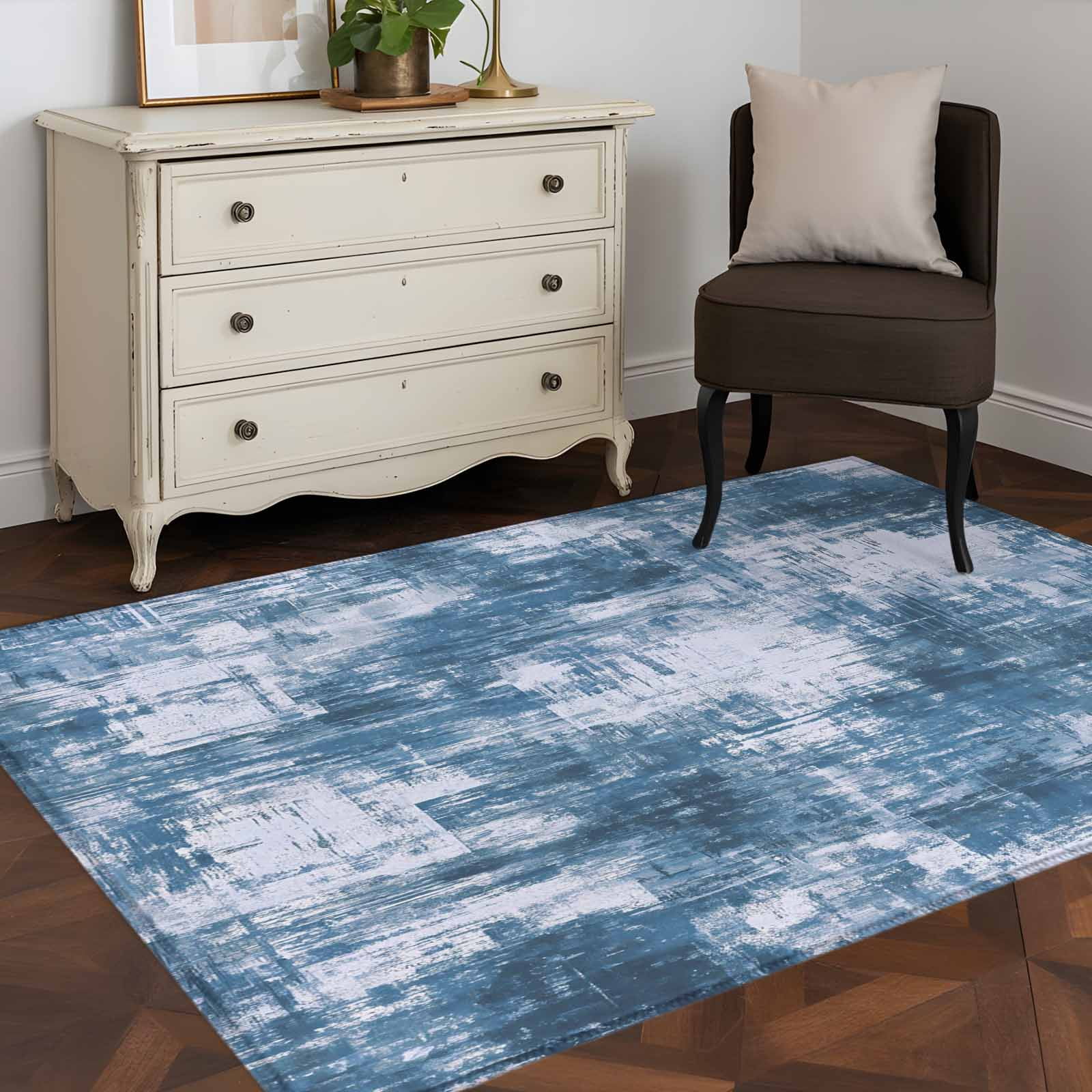 Area Rug for Living Room, Modern Blue Non-Slip Indoor Large Carpet for Bedroom/Dining Room, Vintage Abstract Art Contemporary Washable Low-Profile Rectangle Floor Runner Rugs - 4 x 6 Ft