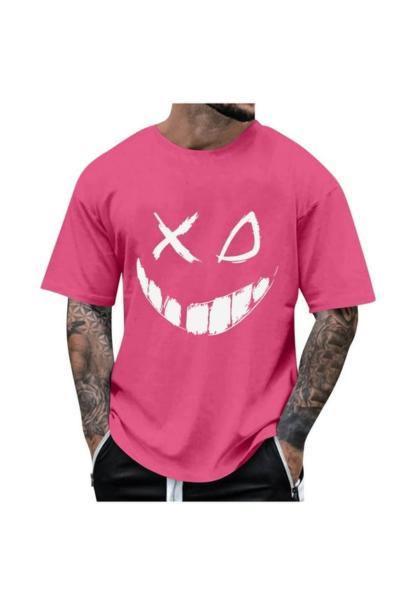 Summer Round Neck T-Shirt for Men Fashion Casual Smiling Face Printed T-Shirt Top Red