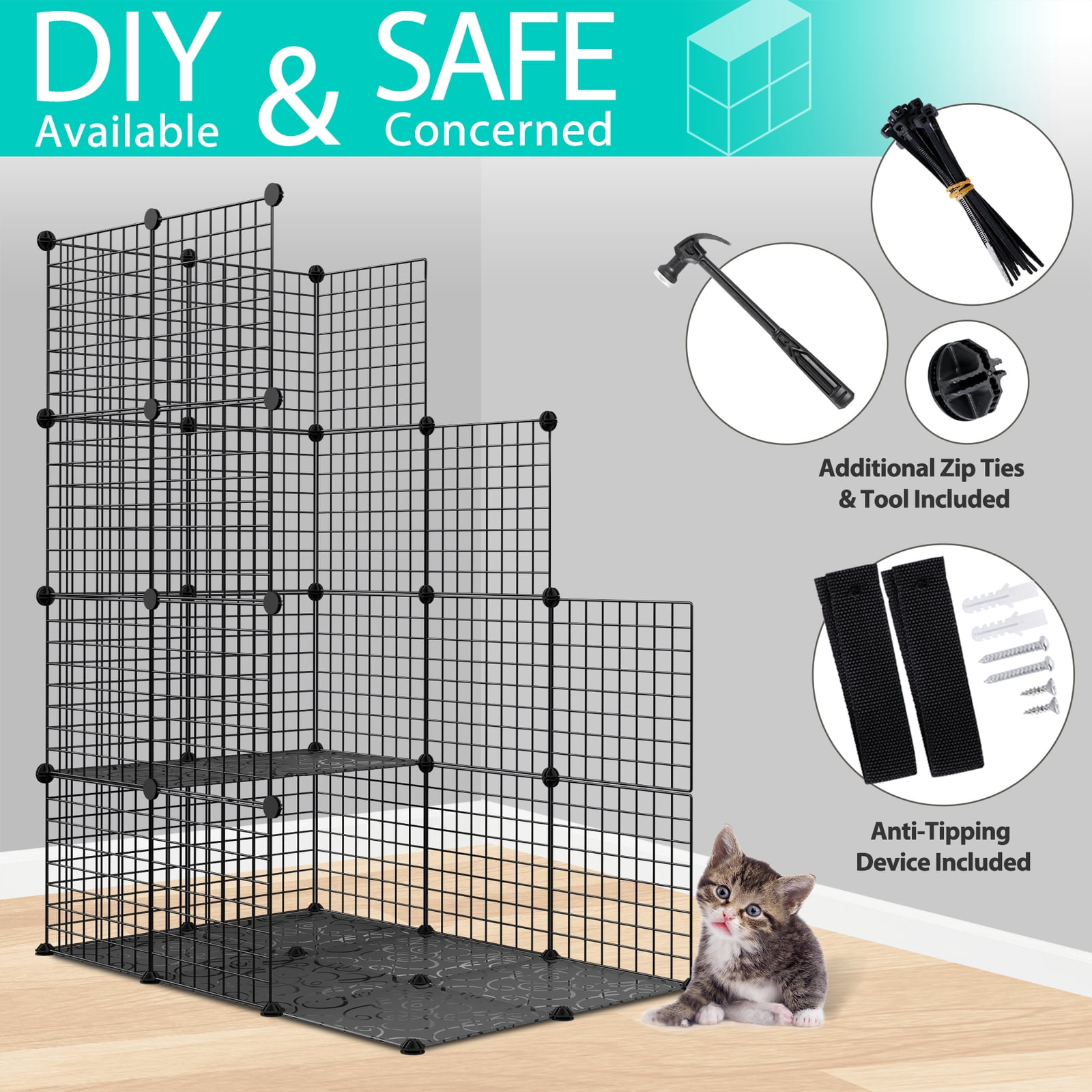 CRXX Large Metal Wire Cat Cage Enclosure – 4-Tier Kennel with Hammock | DIY Playpen & Catio for Indoor/Outdoor Use | Spacious, Durable Cat Habitat for Exercise & Rest