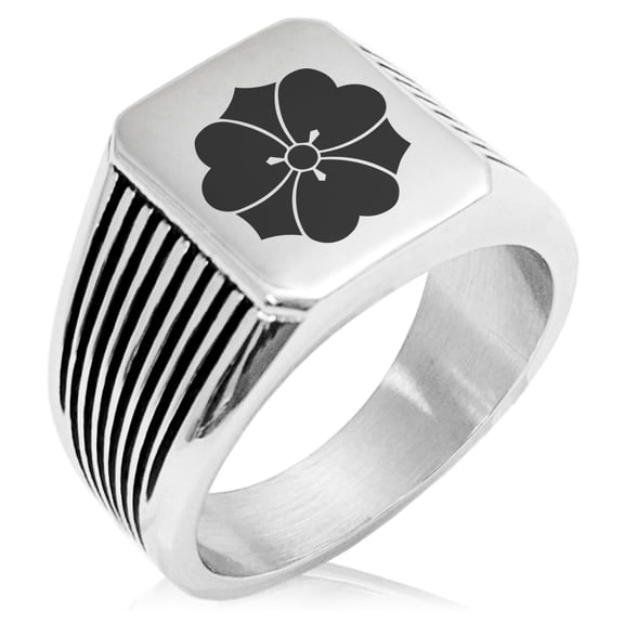Stainless Steel Sakai Samurai Crest Needle Stripe Pattern Biker Style Polished Ring