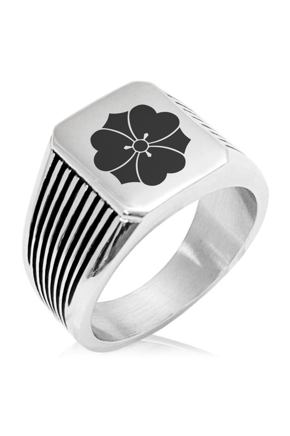 Stainless Steel Sakai Samurai Crest Needle Stripe Pattern Biker Style Polished Ring