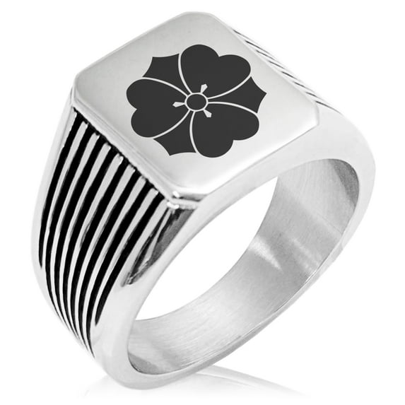 Stainless Steel Sakai Samurai Crest Needle Stripe Pattern Biker Style Polished Ring