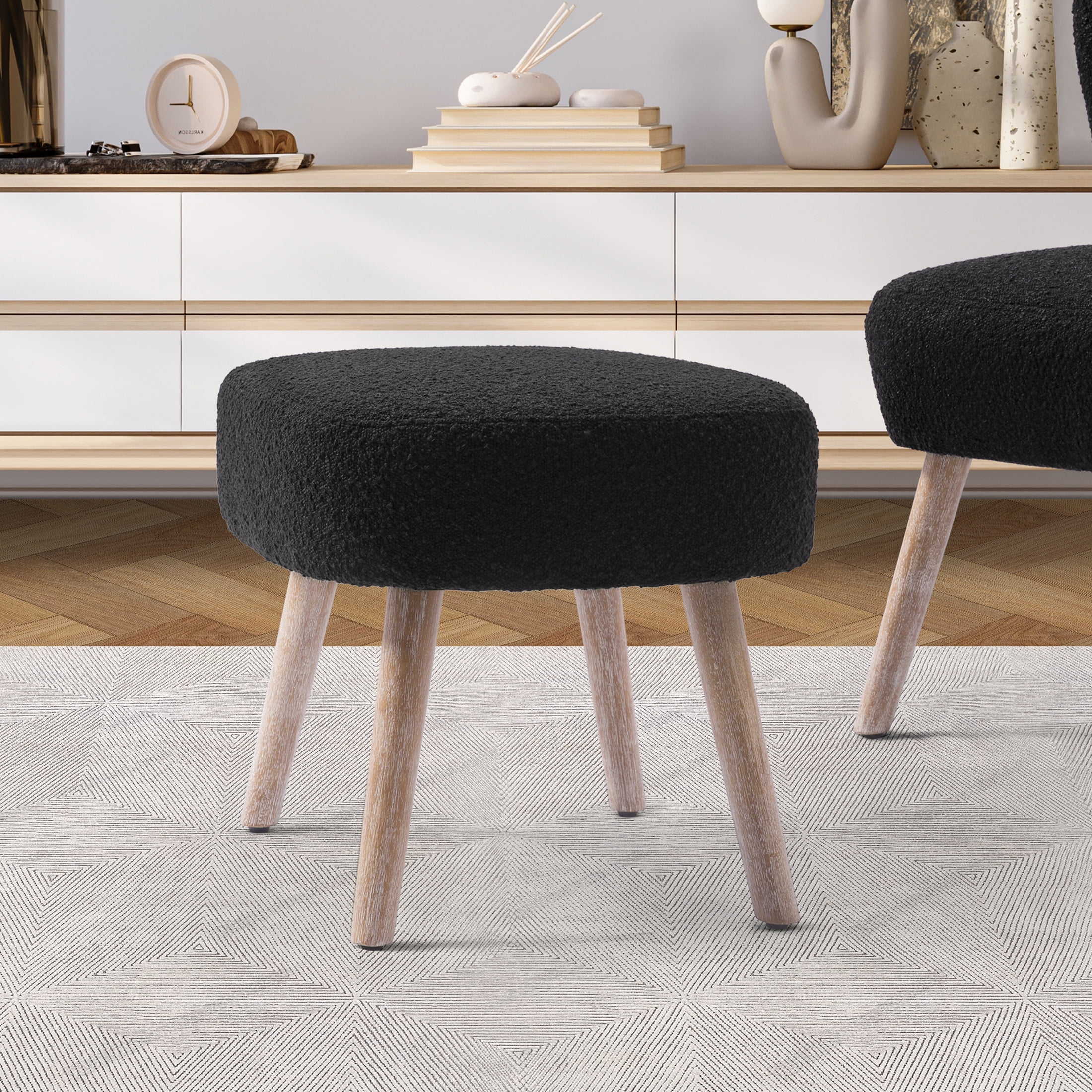 Mid-Century Modern 16.5" Tall Water and Stain Resistant Boucle Fabric Upholstered Ottoman with Wooden Legs, Black