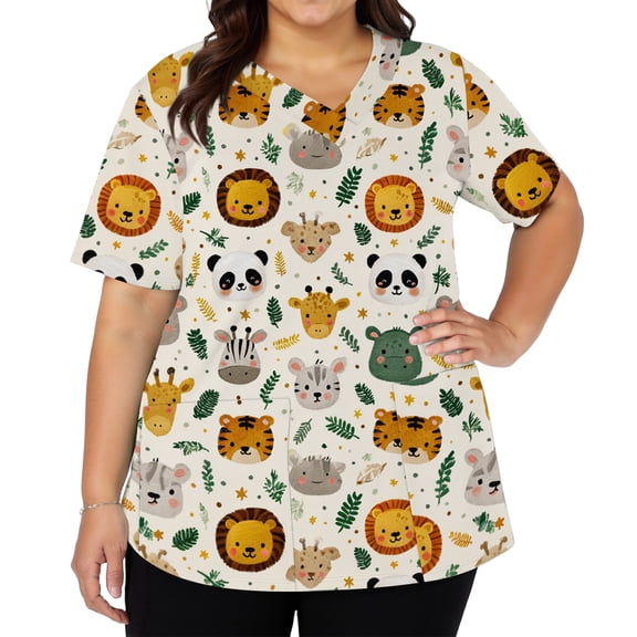 AHMOMEI Cartoon Animal Print Scrub Shirts for Women S-5XL Plus Size Women Nurse Uniform with Pocket Stretchy V Neck Short Sleeve Scrubs for Women