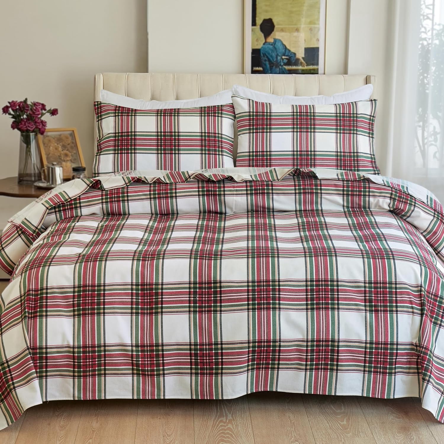 Elegant Comfort Soft 4-Piece Cotton Flannel Sheet Set -Deep Pocket Fitted Sheet, Flannel Sheets - Cali King, Plaid Ivory
