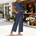 thumbnail image 7 of Mifsaly Striped Lounge Set for Women 2 Piece Short Sleeve Relaxed Top and High Waisted Wide Leg Pants with Pockets Flowy Trendy Casual Summer Beach Vacation Matching Outfits Navy,L, 7 of 7