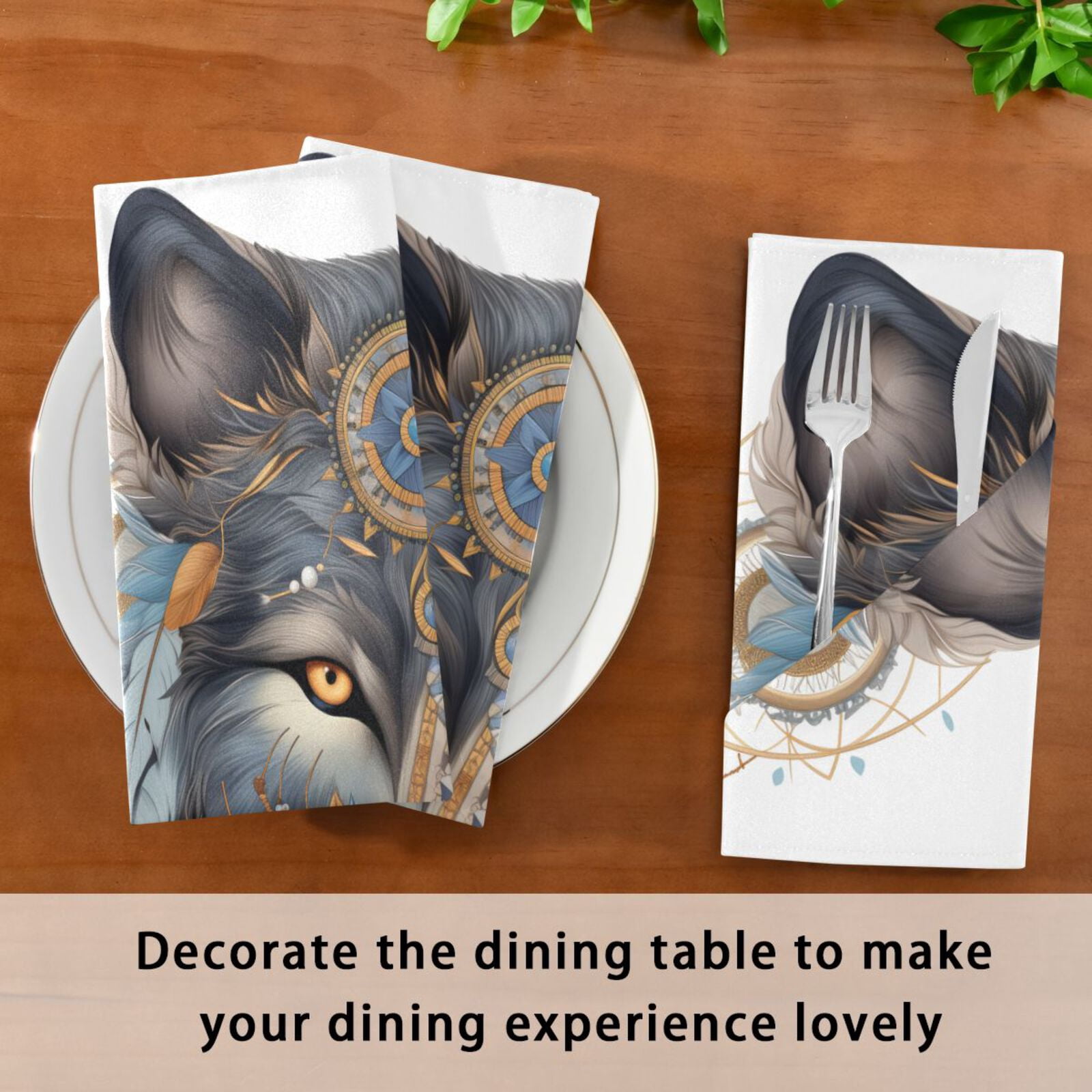 JSTEL Wolf Boho Dreamcatcher Cloth Napkins Set of 6, 20x20 Inch Washable and Reusable Napkin for Decoupage Dinner Party Everyday Use