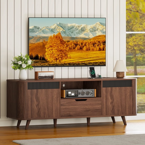 Tydimor TV Cabinet Stands for TVs up to 65", Entertainment Center with Storage Shelf & Outlet, Media Console Table with Drawers for Living Room