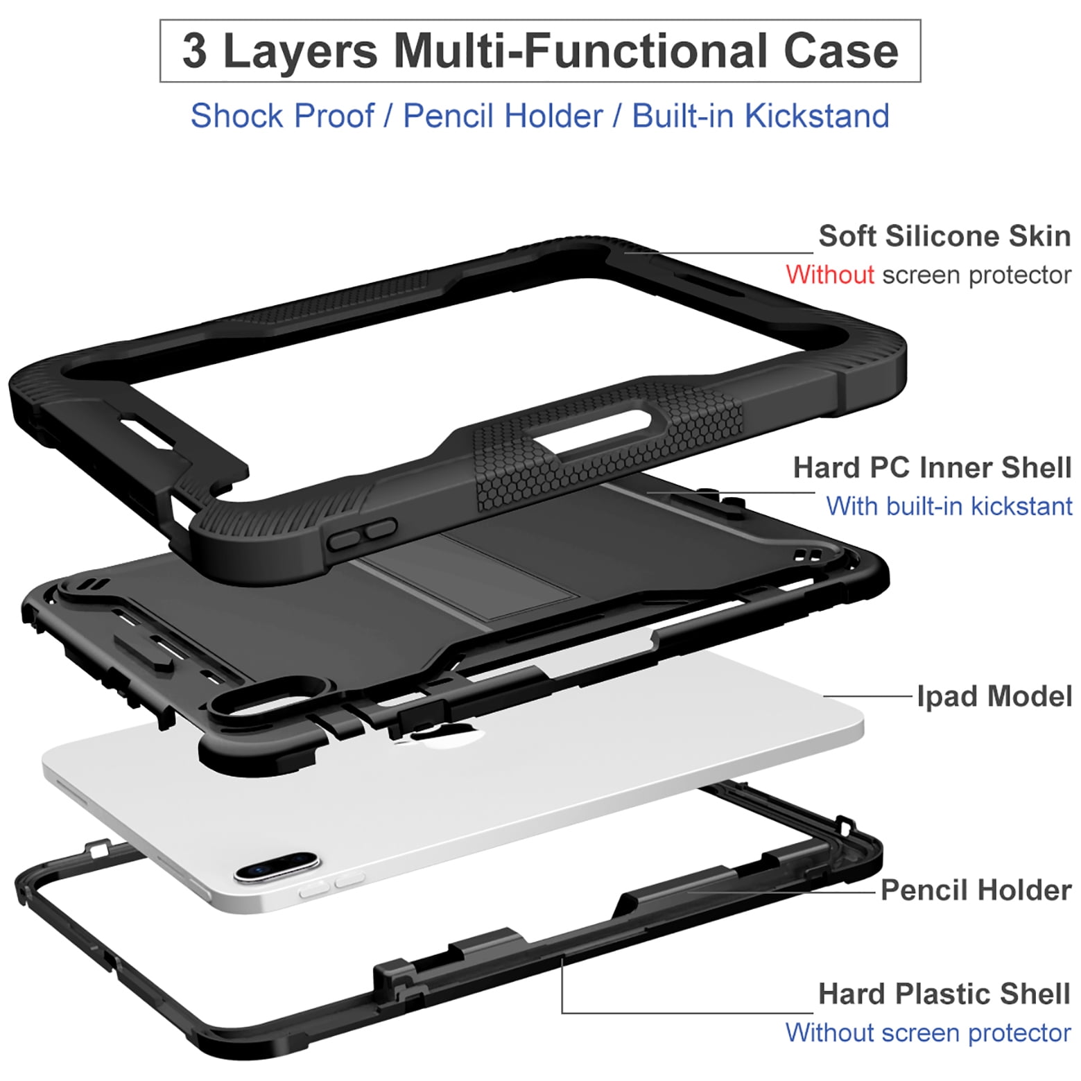 Feishell Case for Apple iPad 10th Generation 10.9 inch (2022),Three Layer Protection Shockproof Hybrid Armor Heavy Duty Rugged Kickstand Protective Cover with Built-in Pencil Holder,Black