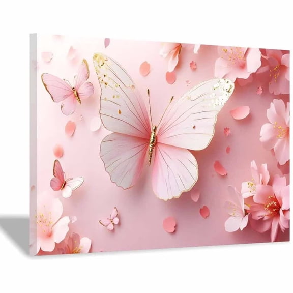 Mudket Pink and White Butterflies with Cherry Blossoms Canvas Wall Art, Floral Wall Decor, Framed Ready to Hang Artwork for Living Room Bedroom - 12"L x 8"W