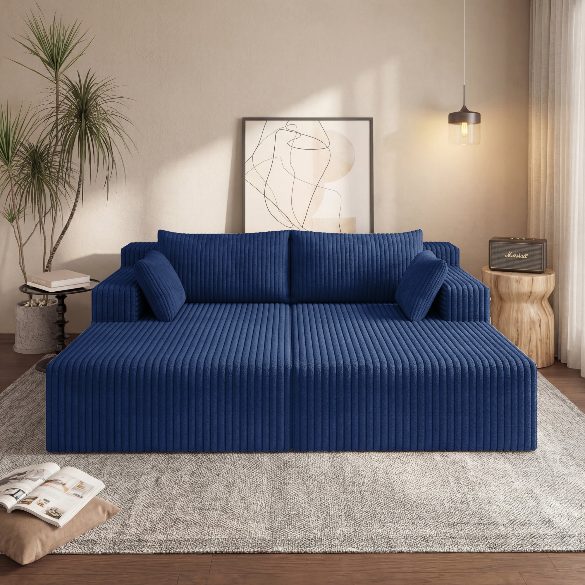 HOQBN 71" Oversized Double Chaise Lounges Indoor,Upholstered Corduroy Boneless Couch with 4 Pillows,Reading Lazy Cloud Plush Sofa Bed for Living Room, Bedroom,No Assembly,Aged Blue