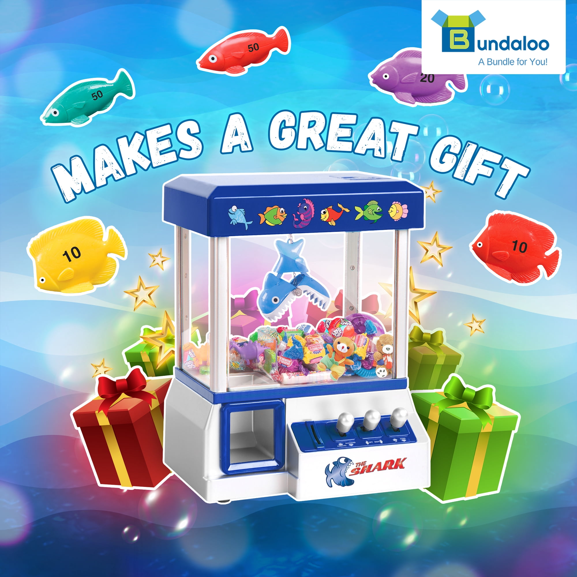 Bundaloo Shark Claw Machine Arcade Game for Kids - Candies, Toys, Prize Grabber, Mini Vending Dispenser - 30 Tokens, 3-Lever Design, Fun Sound Effects