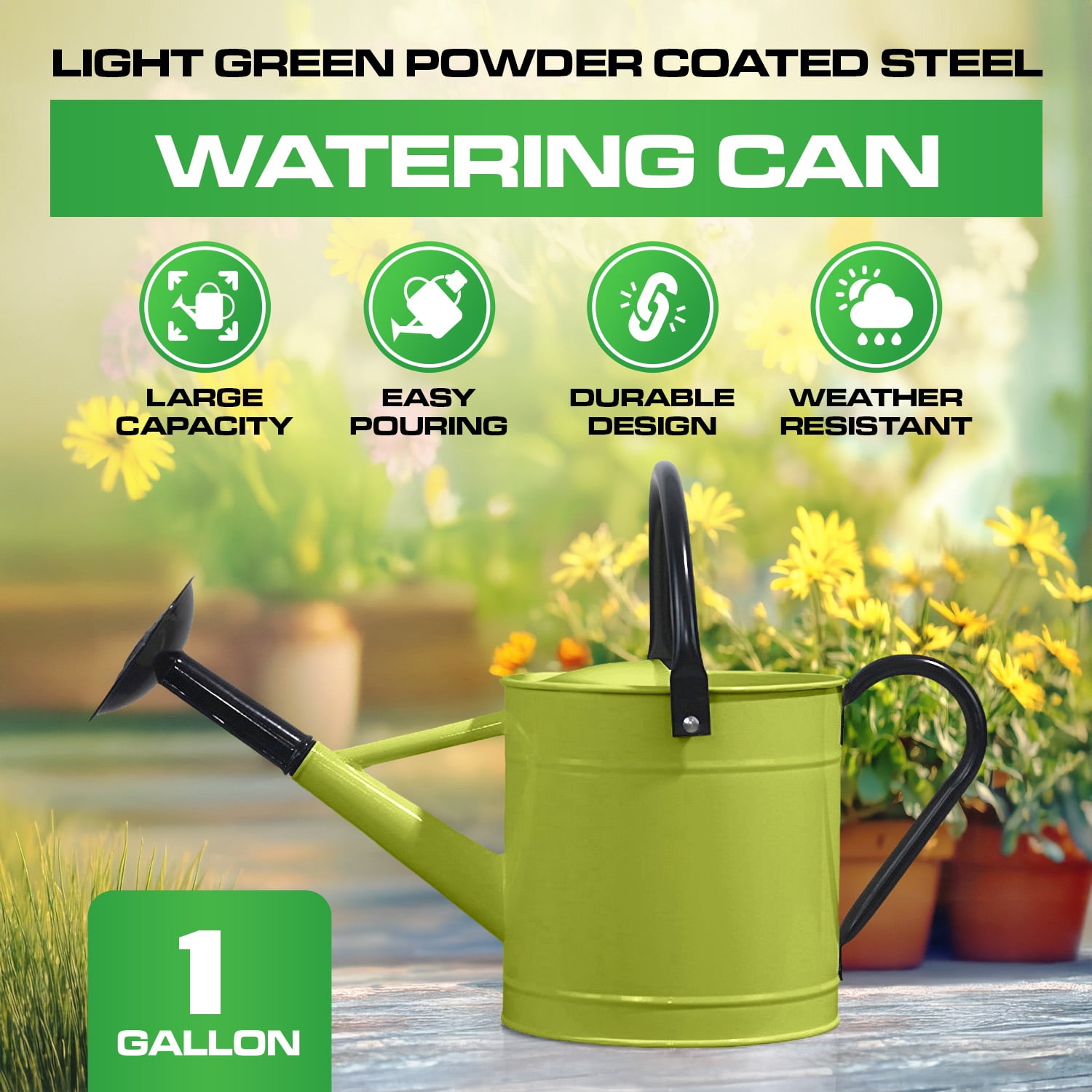 Plexon 1 Gallon Metal Watering Can Outdoor, Flower Plant Gardening Garden Large Green Watering Can Pot, Galvanized Steel Handles - Removable Spray Spout, Green