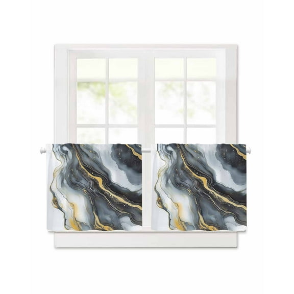 Abstract Art Marble Texture Short Blackout Curtains 30Inch Long Black Gold Gradient Modern Art Rod Pocket Kitchen Curtains, 2 Panels Thermal Insulated Room Darkening Drapes for Bedroom, 30"W x 30"L