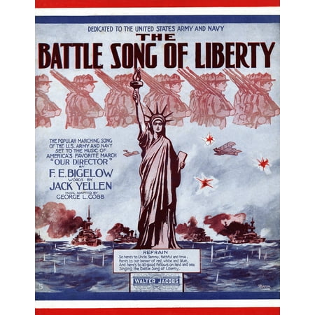 This sheet music is for the song The Battle Song of Liberty whose music was composed by FE Bigelow and whose lyrics were written by Jack Yellen The Walter Jacobs Company of Boston Massachusetts publis